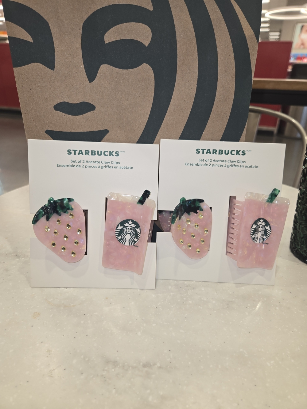 Starbucks Pink Strawberry & Cup Acrylic Claw Clip Duo